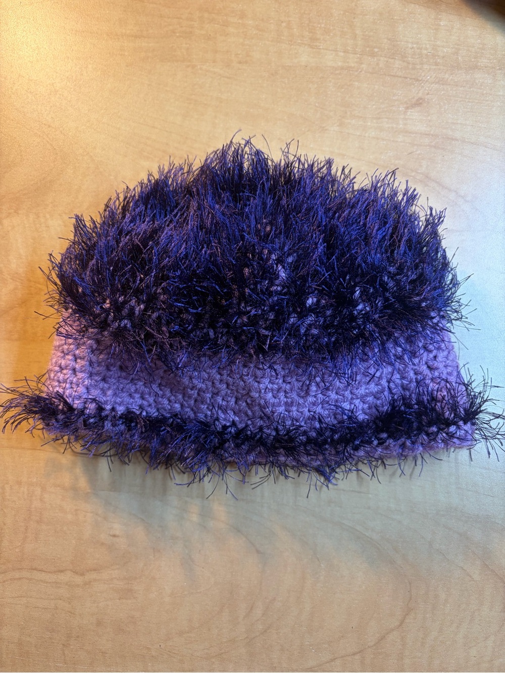 Handmade Fuzzy Cozy Crochet Beanie Hat Purple Eyelash Yarn